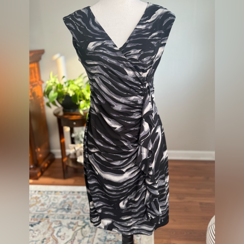 Enfocus Studio Zebra Print, Side Cascading Ruffle, Sheath Dress